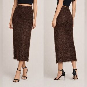 Topshop Brown Metallic Fuzzy Knit Midi Skirt XS US 0-2 Lined Shimmer Pull On